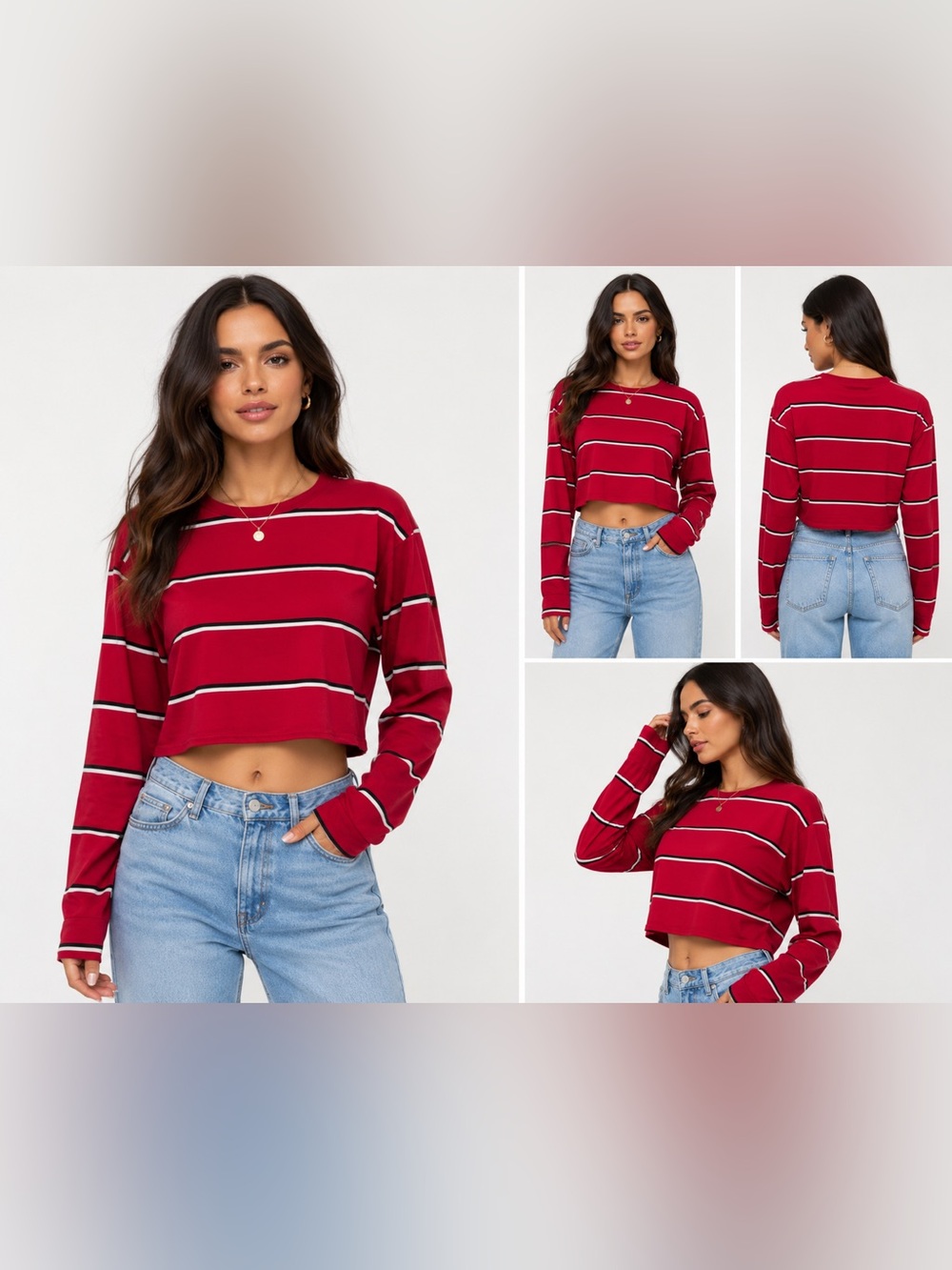 Reformation Jeans Red Striped Cropped Long Sleeve Tencel Tee Top Small Y2K Casua